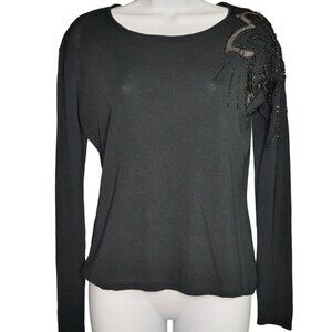 Vintage Fitted Ribbed Applique Beaded Shoulder Detail 3/4 Sleeve Black sz L